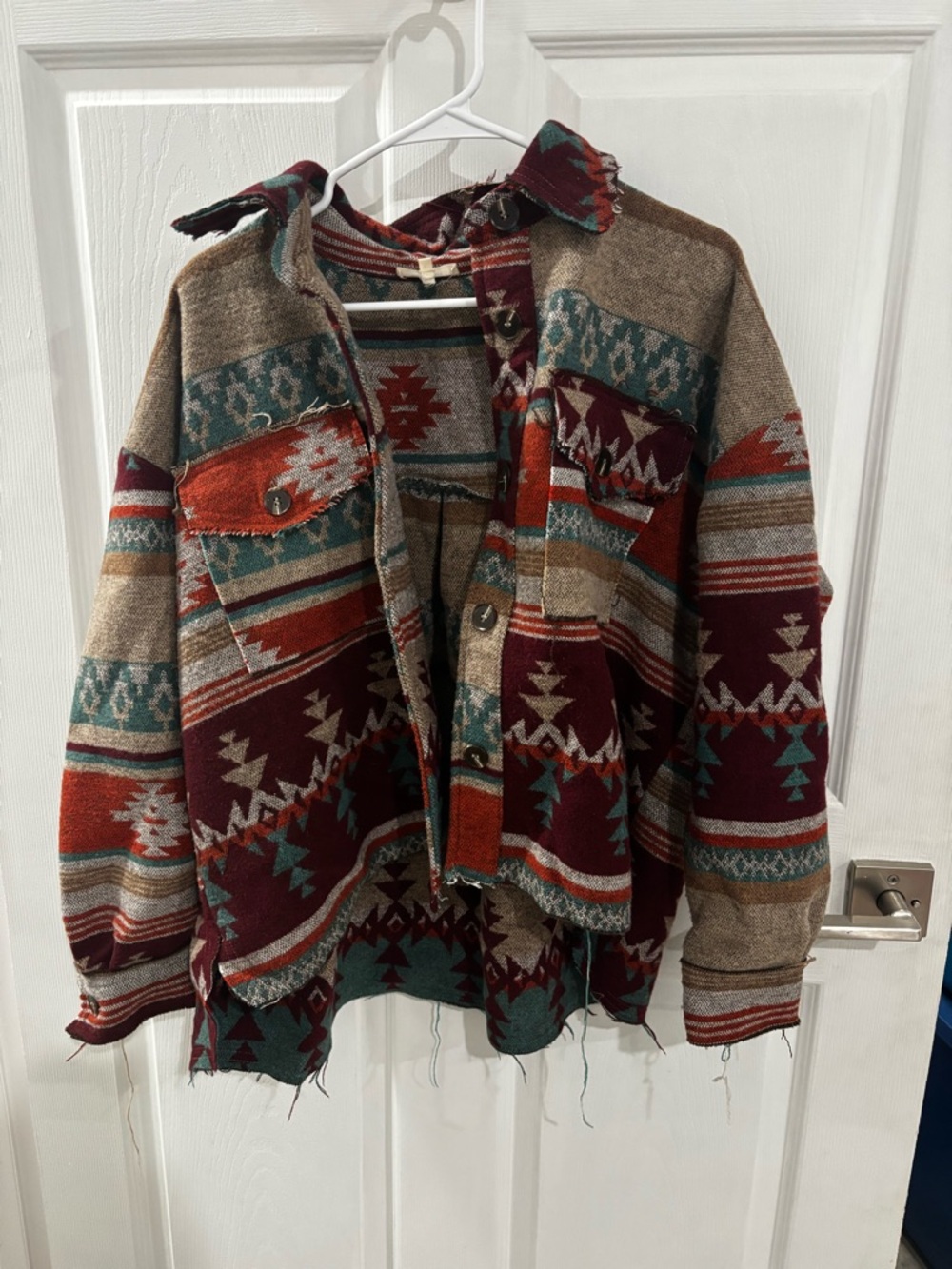 Southwestern Pattern Button-Up Jacket in Burgundy, Teal & Tan